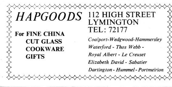 Business card for Hapgoods of Lymington, c. 1980
